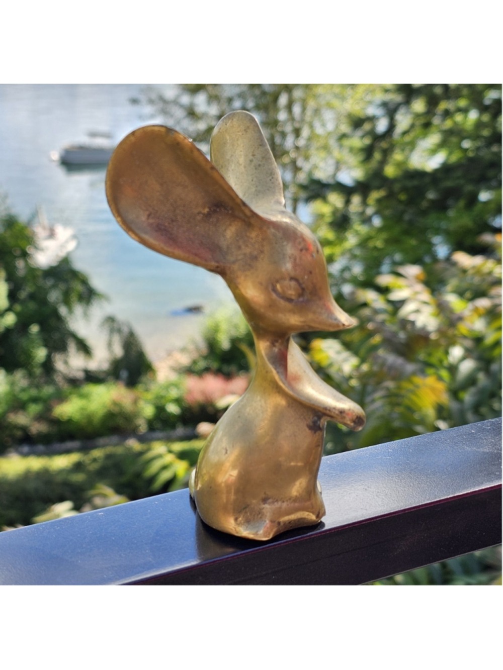 Vintage Brass Mouse Figurine 5” Tall Big Oversize Ears Patina Animal Decor